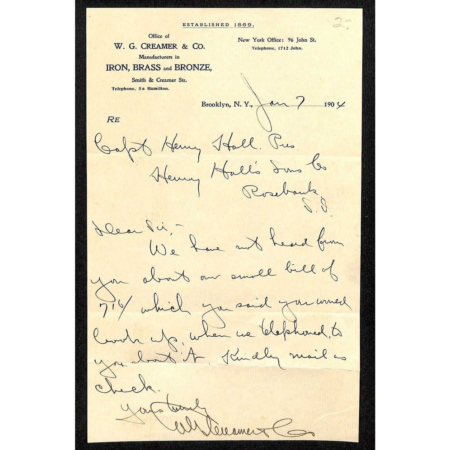 1904 Brooklyn, NY Billhead Letterhead - W.G. Creamer & Co. Iron Brass Bronze