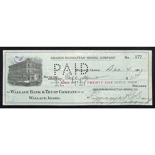 1917 Wallace, Idaho Amazon-Manhattan Mining Co. $4.75 Bank Check w/ Vignette