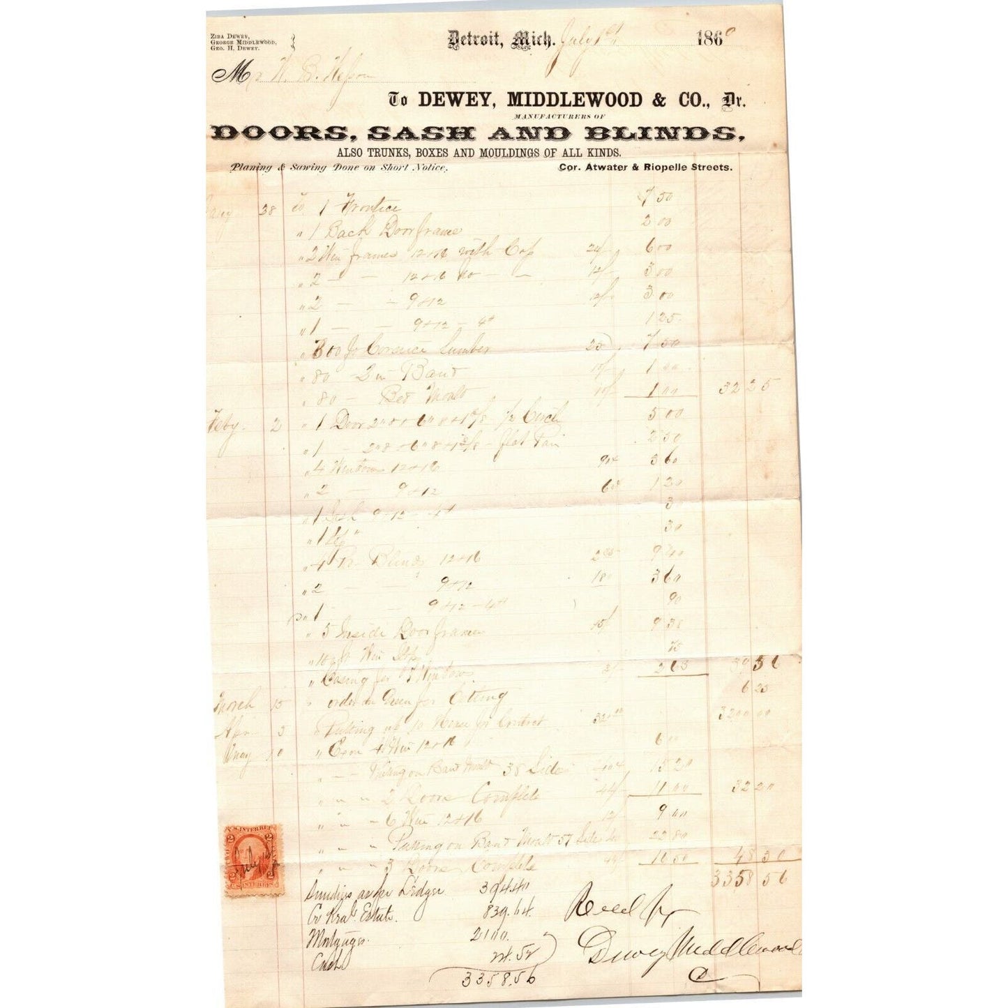 Detroit Letterhead Dewey, Middlewood & Co Doors Sash Blinds 1869 Long