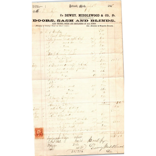 Detroit Letterhead Dewey, Middlewood & Co Doors Sash Blinds 1869 Long