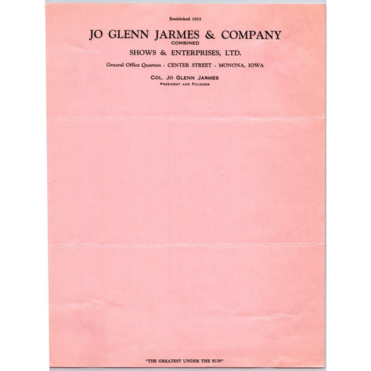 Jo Glenn Jarmes & Company Combined Shows c1936 Circus Letterhead Scarce
