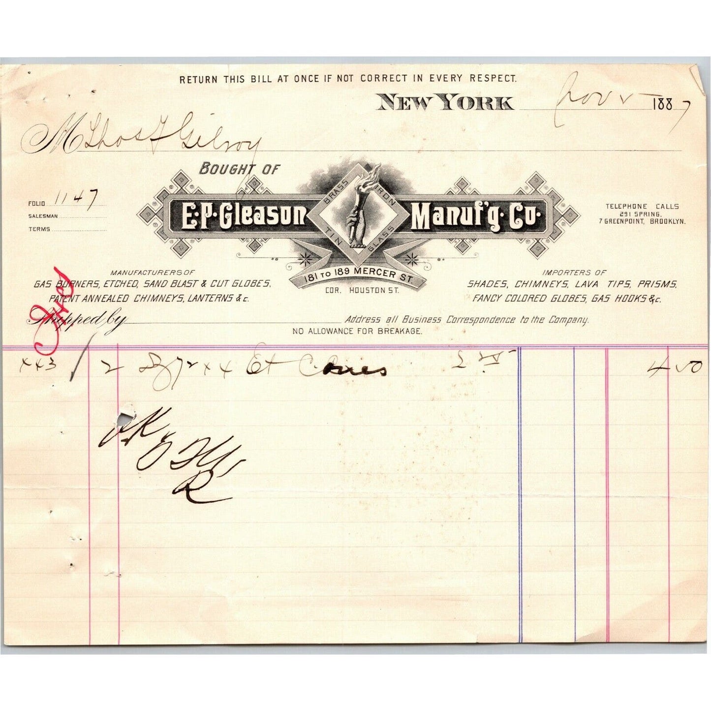 1887 "E. P. Gleason" Cut Glass Globes Billhead Letterhead Mercer St NYC