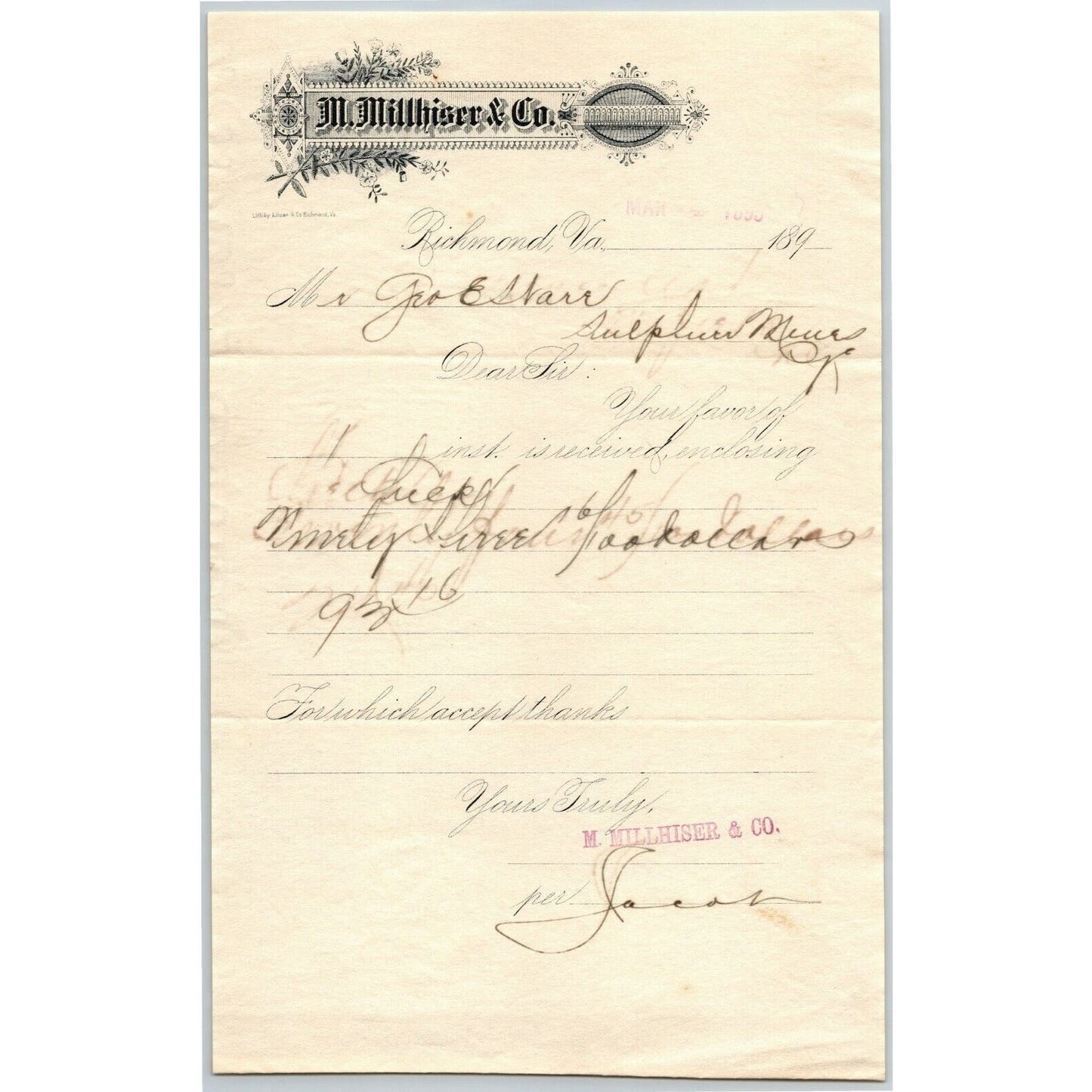 M. Millhiser & Co. (Tobacco Bags) Letterhead Richmond, VA to: Geo. E. Wear 1895