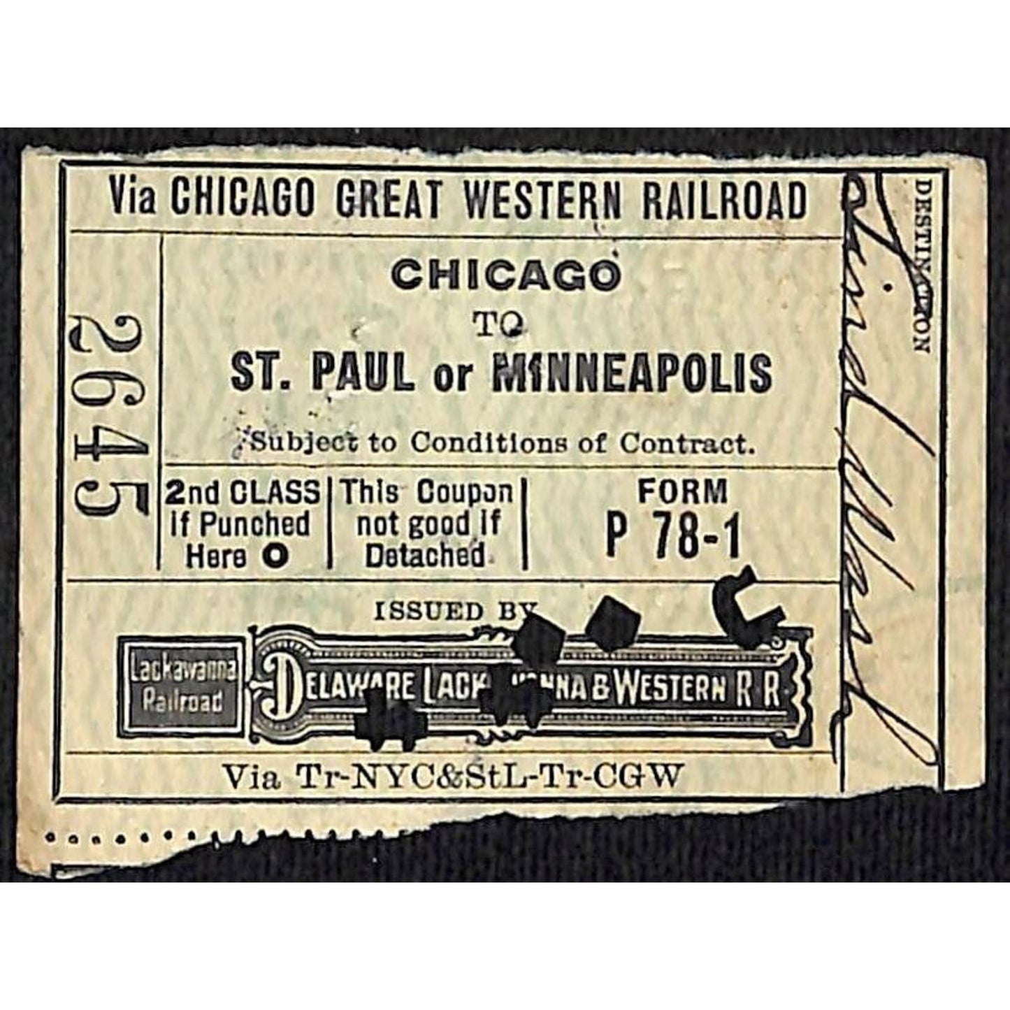 Delaware Lackawanna & Western Railroad 1910 Ticket Chicago St. Paul #2645