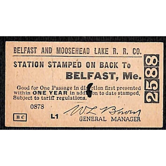1957 Belfast and Moosehead Lake Railroad Ticket #2588 Brooks, ME