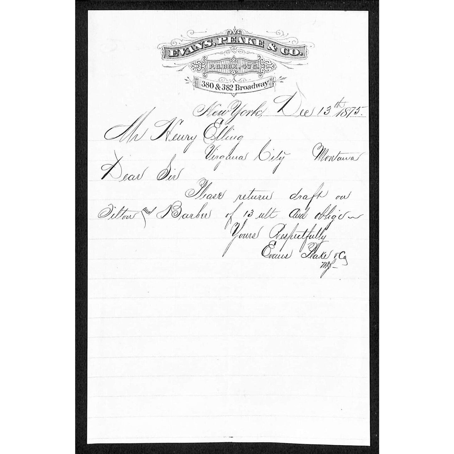 New York Broadway 1875 ALS Letterhead Henry Elling* Virginia City, MT