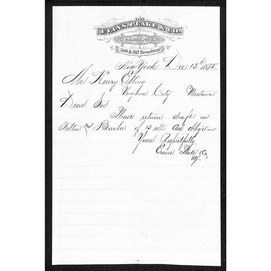 New York Broadway 1875 ALS Letterhead Henry Elling* Virginia City, MT
