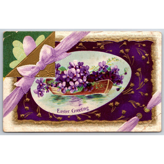 Easter Postcard "Easter Greeting" Floral Boat Ribbon Gilt EMB. NP c1915