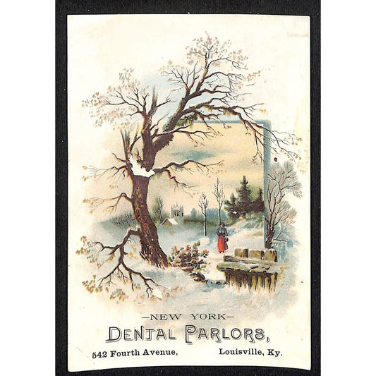 New York Dental Parlors Louisville KY Victorian Trade Card Winter Woman Walks