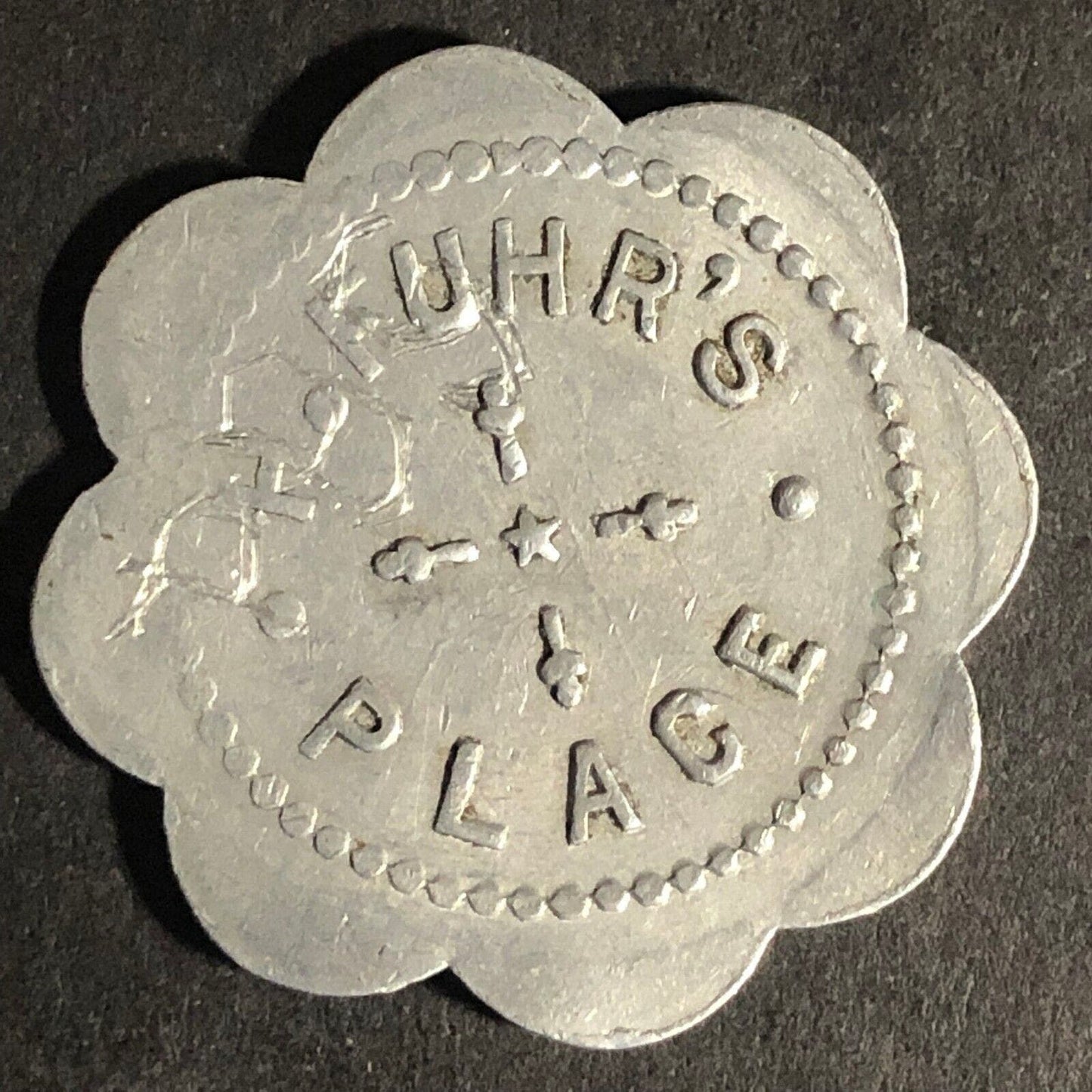 H. Fuhr's Place G/F 5c Drink Alum Scalloped Token 27mm Scarce Unknown