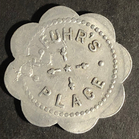 H. Fuhr's Place G/F 5c Drink Alum Scalloped Token 27mm Scarce Unknown