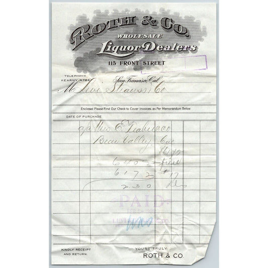 c1908 Roth & Co. Liquor Invoice to Levi Strauss San Francisco Billhead