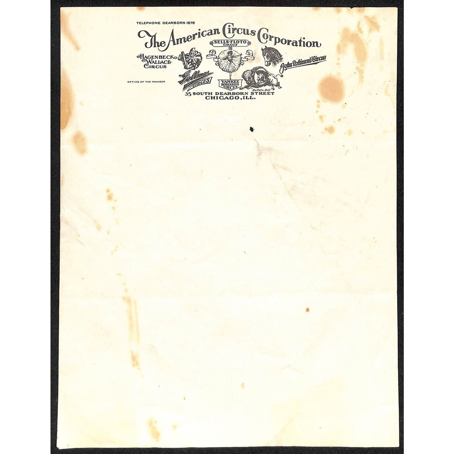 American Circus Corporation Circus Letterhead c1920's w/ Staining Scarce