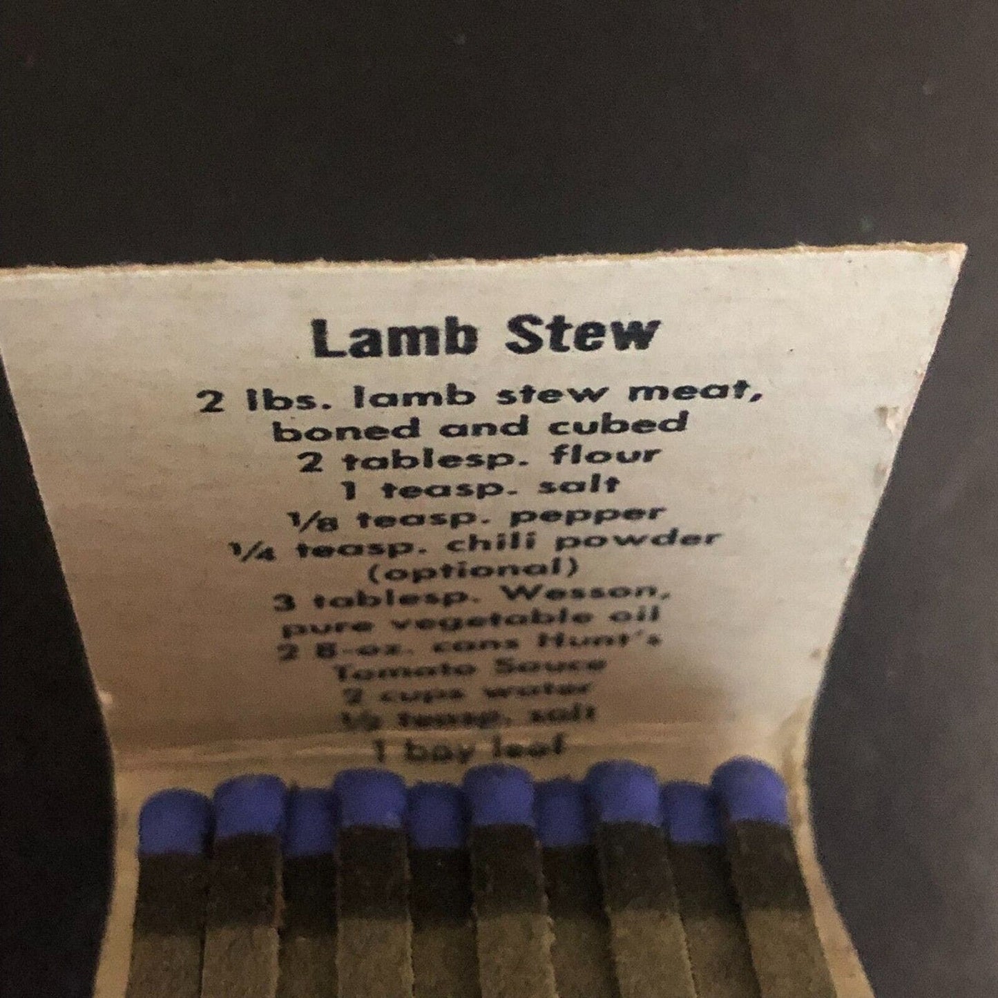 Hunt's Tomato Sauce Lamb Stew Recipe Full Matchbook c1960's