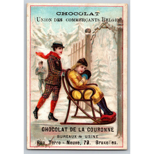 French Victorian Trade Card Chocolat de La Couronne - Couple Ice Skating