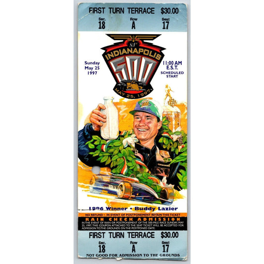 1997 Indianapolis 500 Ticket Stub Racing IMS Buddy Lazier - seat 17 - Damage