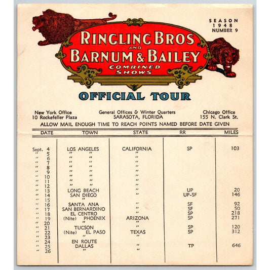 1948 Ringling Bros Barnum Bailey Circus Route Card Salt Los Angeles San Diego
