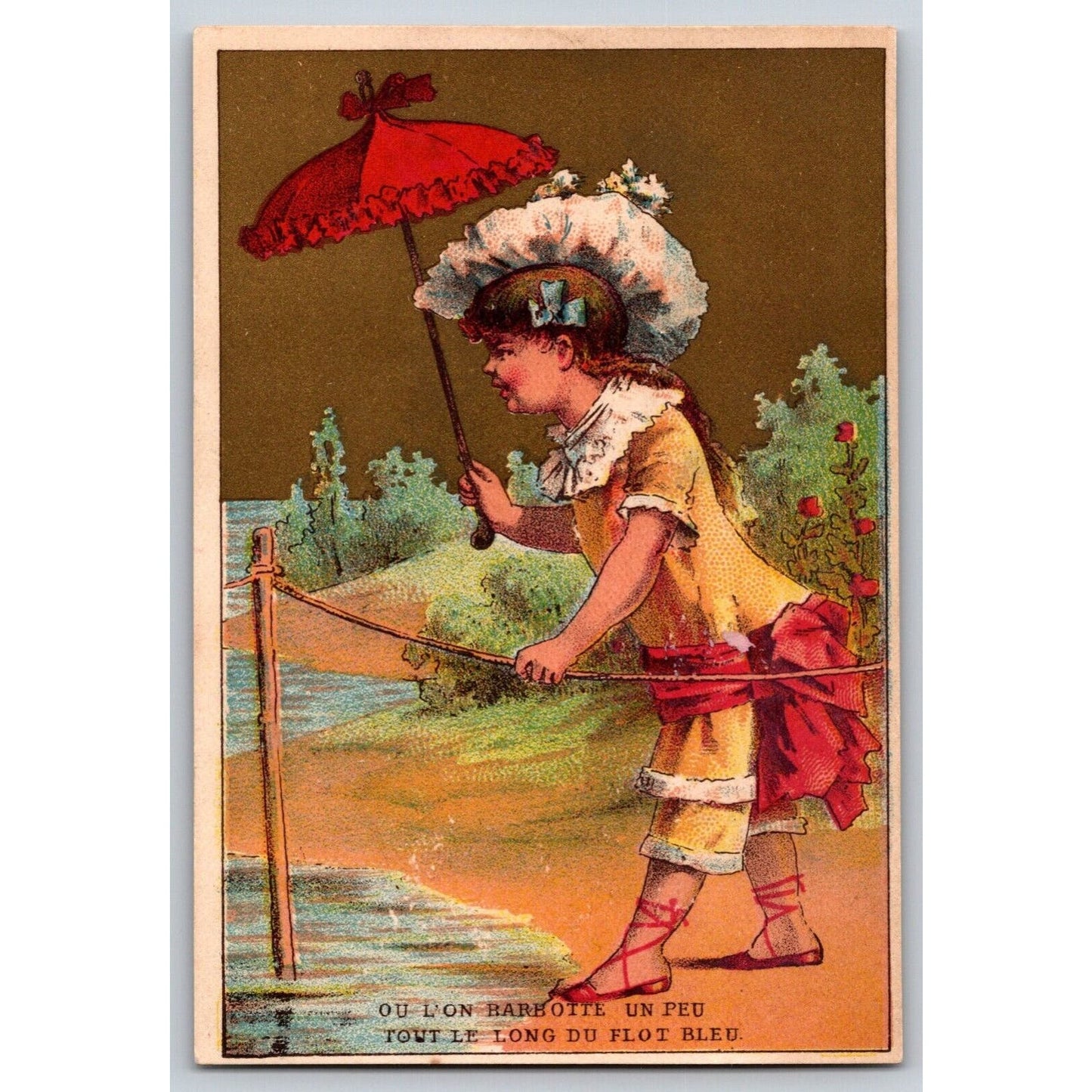 Girl in Dress, Hat & Parasol Looks Out Over Water - Victorian Trade Card Soapine