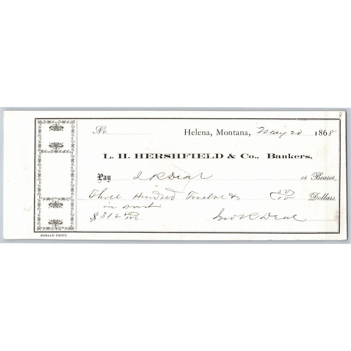 Helena Montana L.H. Hershfield & Bro. Bankers - Bank Check 1868 $312