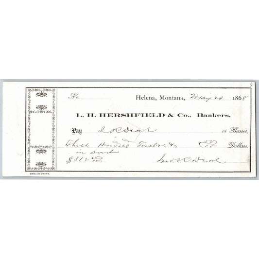 Helena Montana L.H. Hershfield & Bro. Bankers - Bank Check 1868 $312