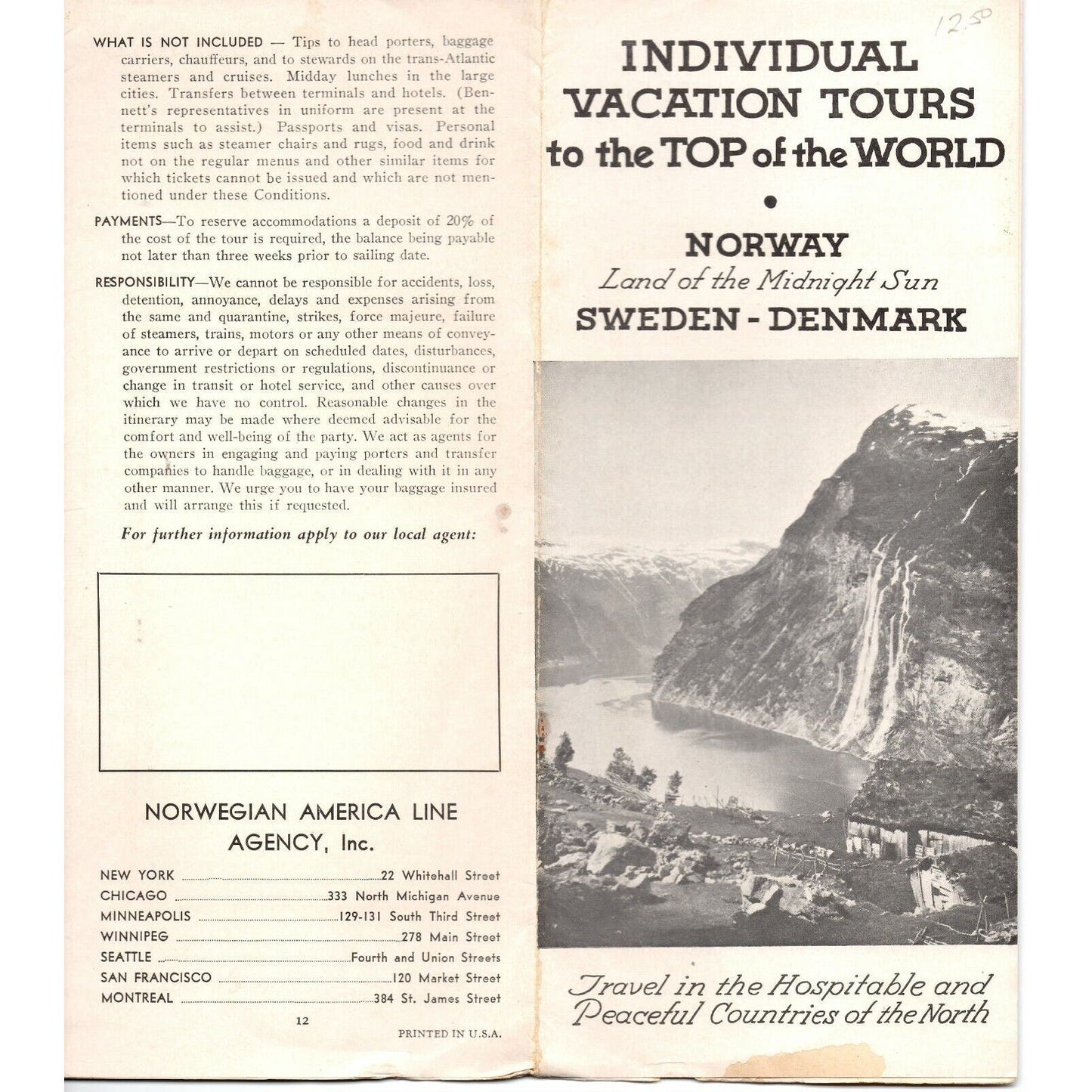 1930's Norwegian America Line Cruise Norway Sweden Denmark SS Brochure w/Prices