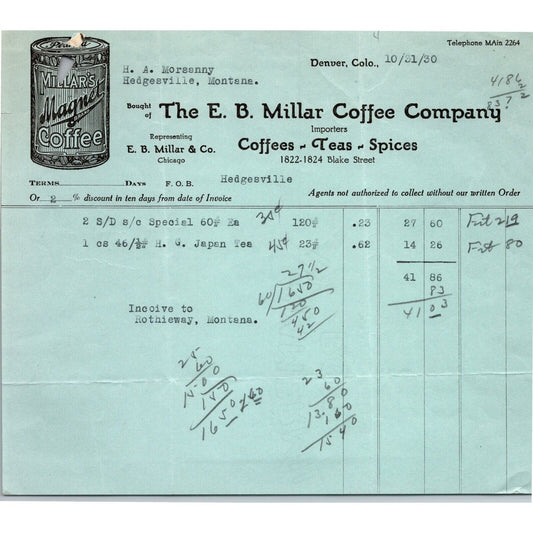1920 E.B. Miller Coffee Co. Denver, CO Letterhead H.A. Morsanny Hedgesville, CO