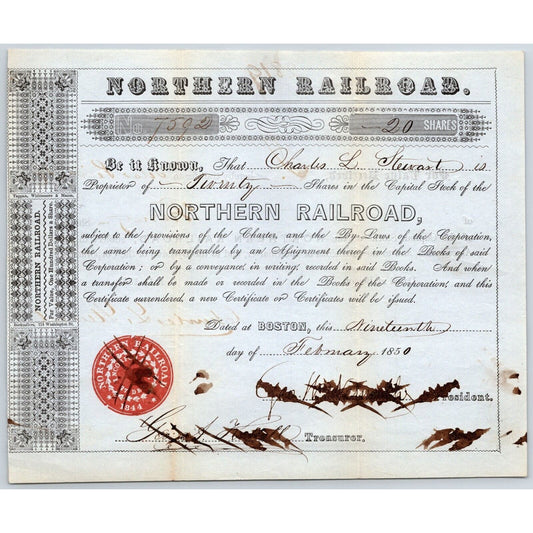 1852 Boston, MA Northern Railroad Stock Certificate No. 7592 for 20 Shares