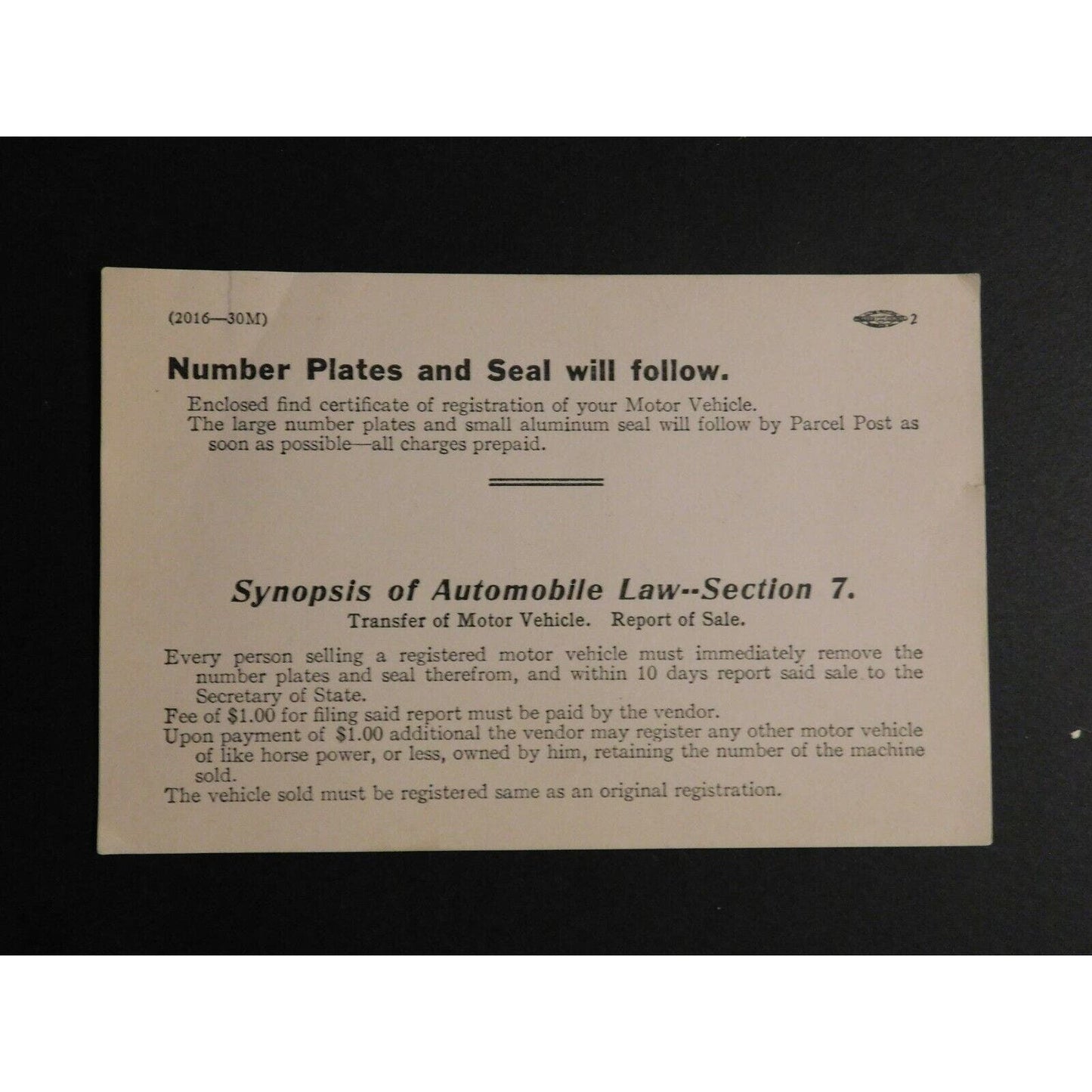 c1944 Section 7 Card Motor Vehicle Transfer "Synopsis of Automobile Law