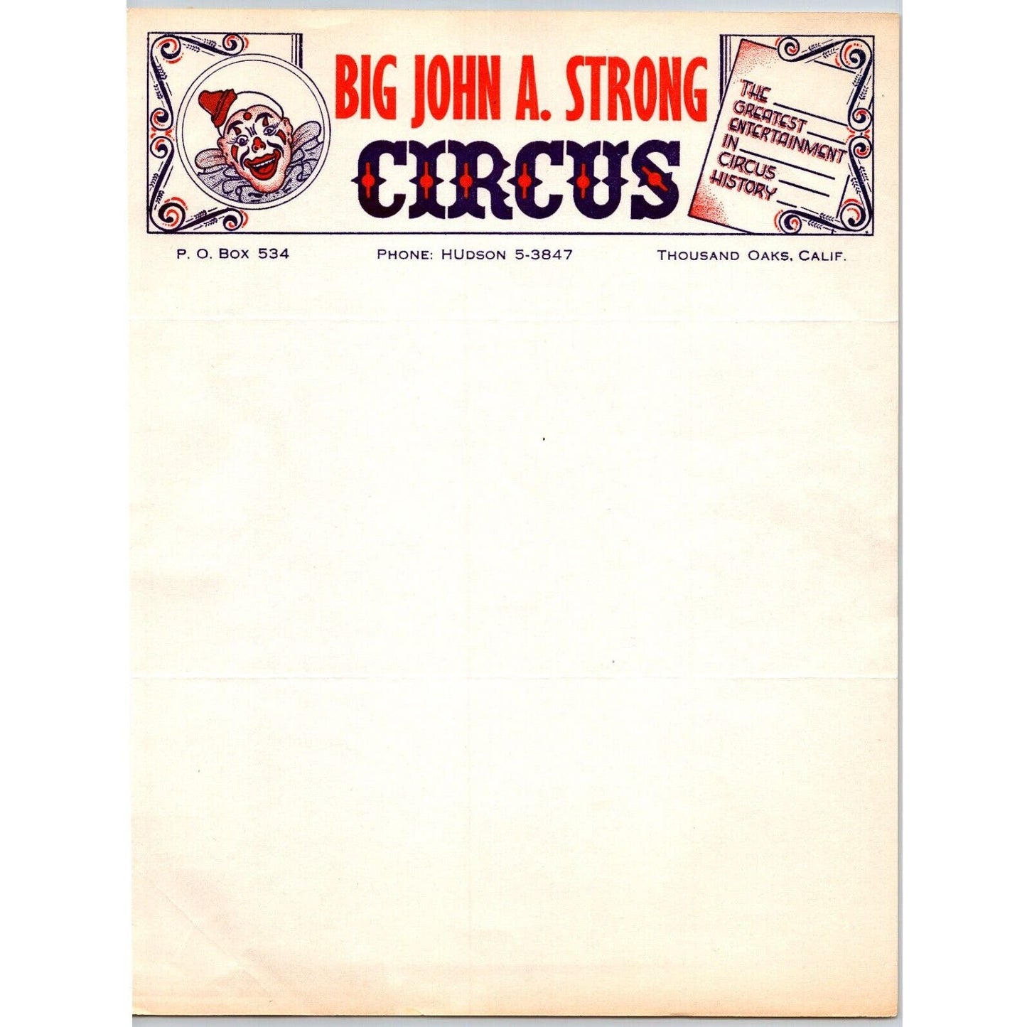 Big John A. Strong Circus Letterhead 1961 Thousand Oaks, CA Clown Scarce