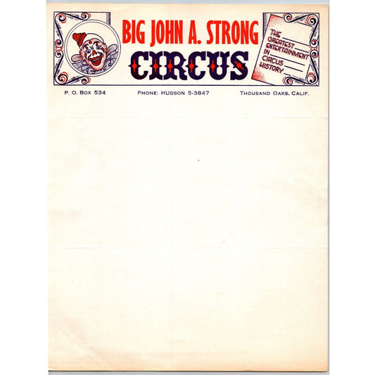 Big John A. Strong Circus Letterhead 1961 Thousand Oaks, CA Clown Scarce