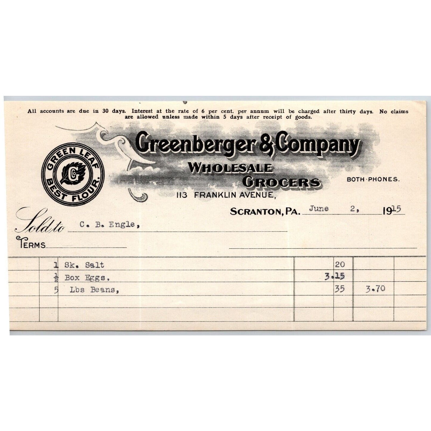 Scranton, PA Greenberger & Co. Grocers 1915 "C.B. Engel" Billhead Salt Peas