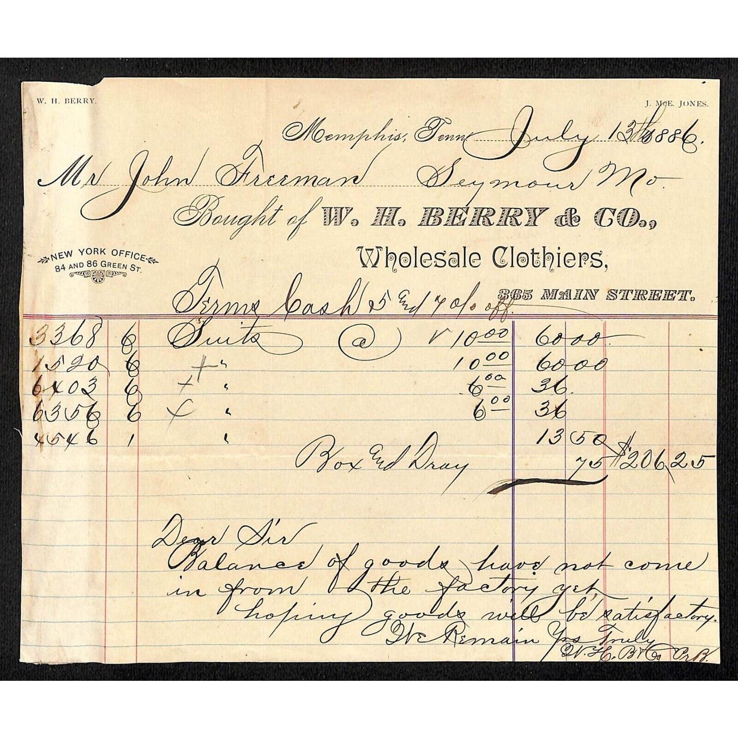 Memphis, TN W.H. Berry & Co. Wholesale Clothiers 1886 $206.25 Billhead Scarce