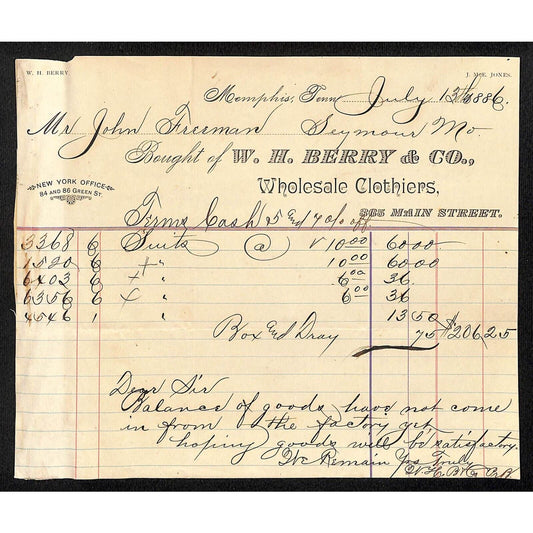 Memphis, TN W.H. Berry & Co. Wholesale Clothiers 1886 $206.25 Billhead Scarce