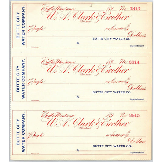 Butte City Water Company Montana W.A. Clark & Brother Bank Check Sheet 1890