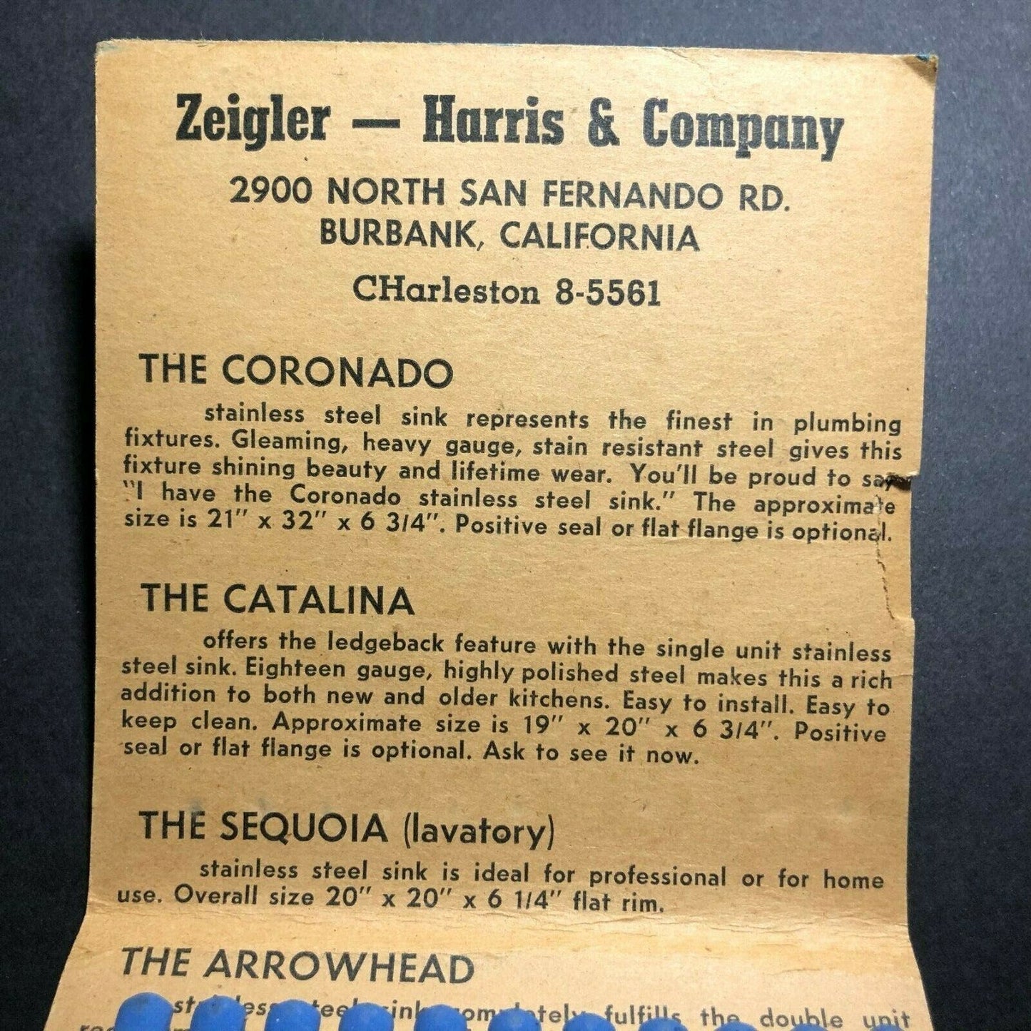 Scarce c40's Full GIANT FEATURE Matchbook Zeigler Harris SS Sinks Burbank