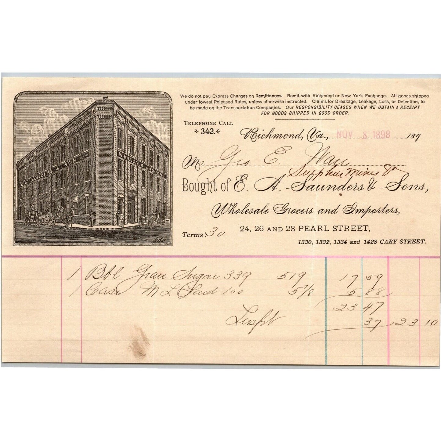 E.A. Saunders & Sons Wholesale Grocers Richmond, VA Letterhead Geo. E. Wear 1898