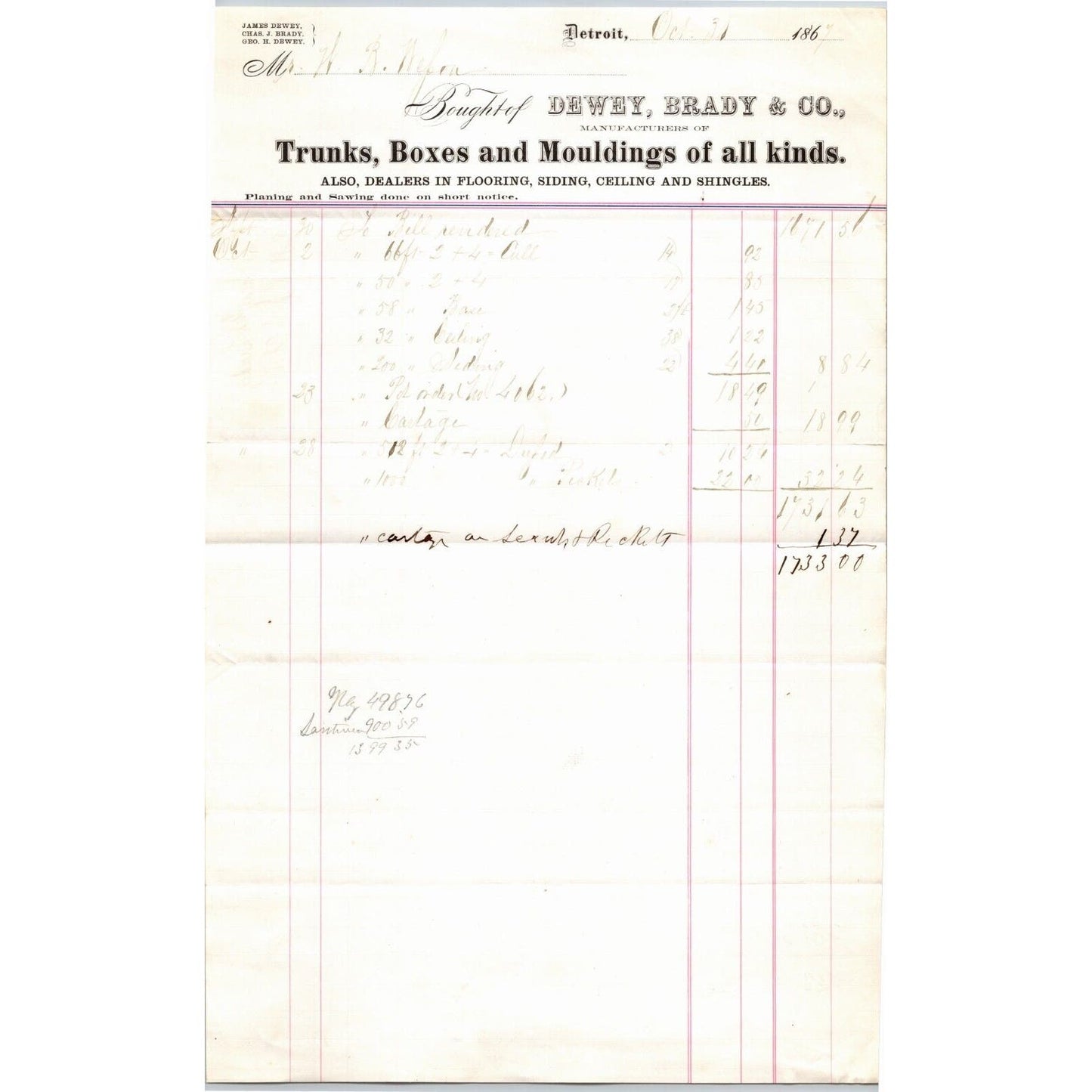 Detroit Letterhead Dewey Brady& Co Trunks Boxes Mouldings 1867 Long