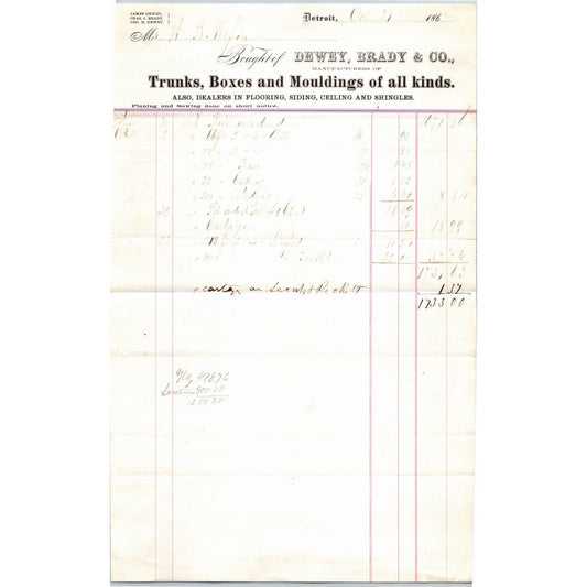 Detroit Letterhead Dewey Brady& Co Trunks Boxes Mouldings 1867 Long