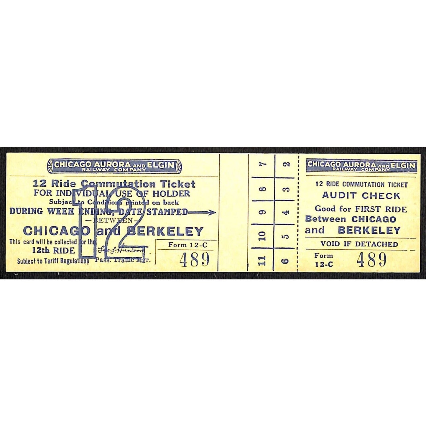 Chicago Aurora and Elgin Railway (1902-57) 12 Ride Ticket Chicago / Berkeley