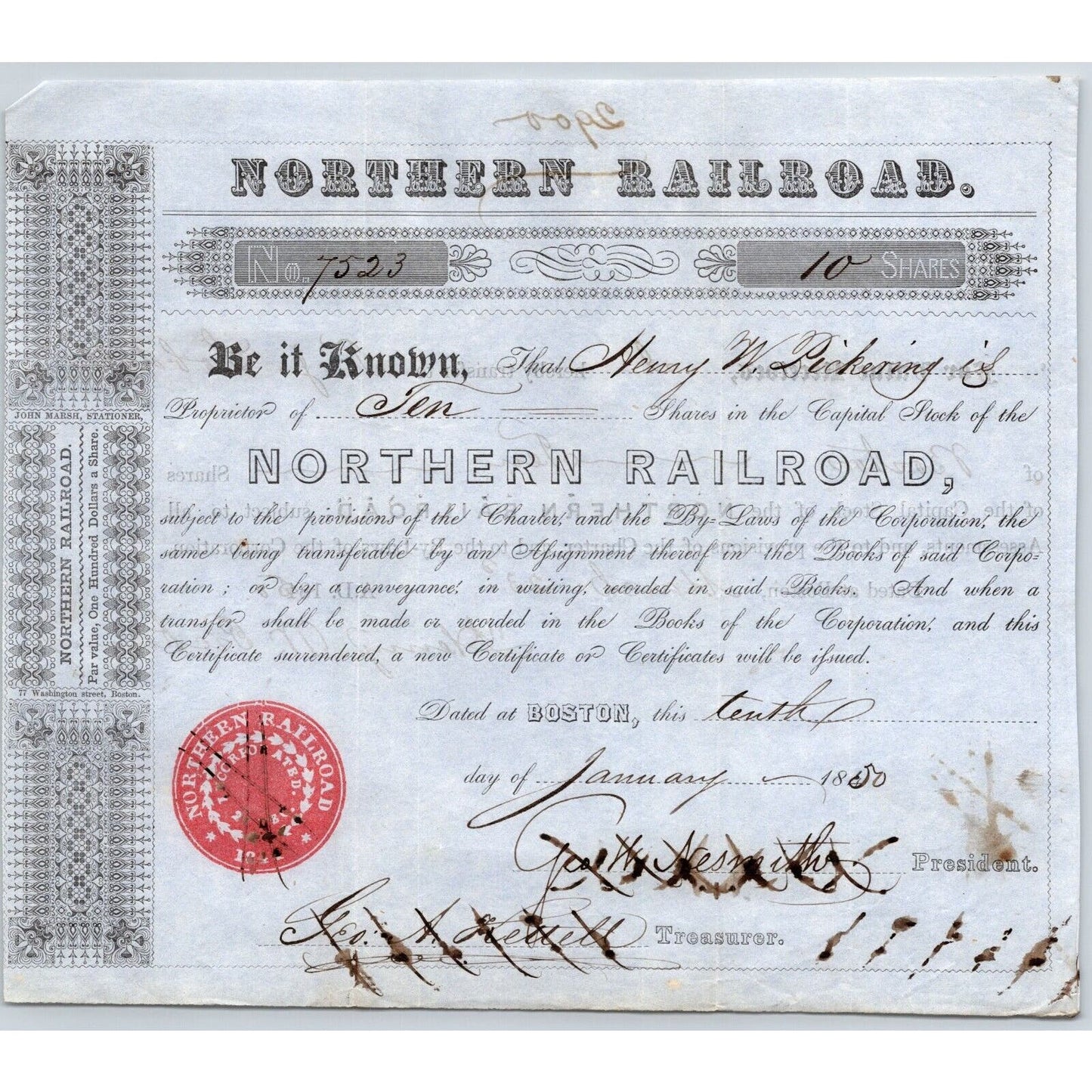 1850 Boston, MA Northern Railroad Stock Certificate No. 7523 for 10 Shares