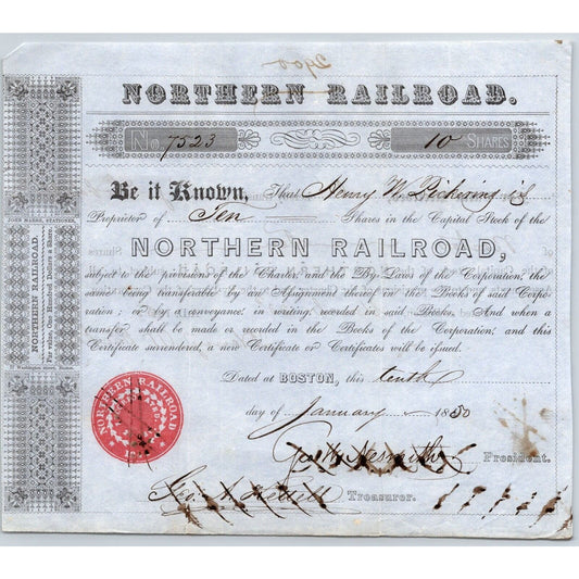 1850 Boston, MA Northern Railroad Stock Certificate No. 7523 for 10 Shares
