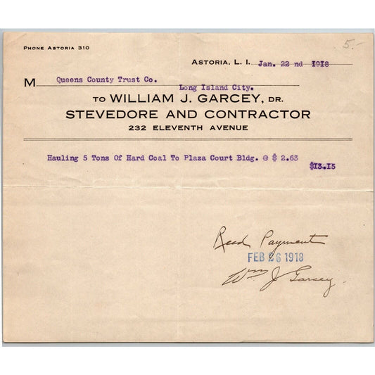 1918 Astoria, LI, NY Letterhead William J. Garcey Stevedore & Contractor