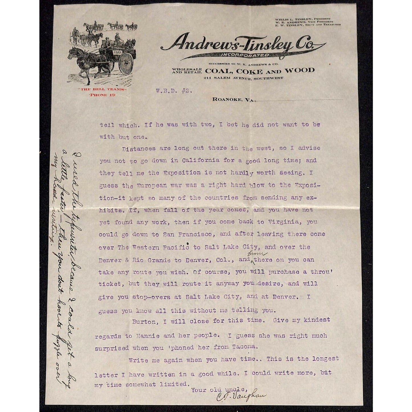 1915 Scarce 2 pg. Andrews-Tinsley Co. Coal Letterhead Roanoke, Virginia w/ Cover