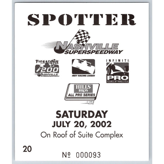 2002 Nashville Superspeedway Spotter ID Card 7/20 #93 Scarce