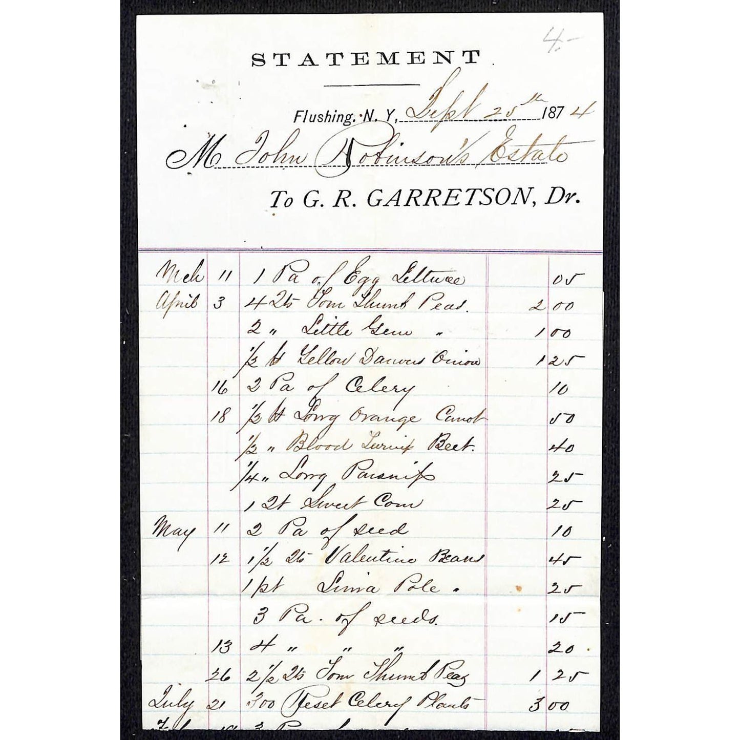 Flushing, NY G.R Garretson Grocer 1874 Billhead Statement w/ Long List of Goods