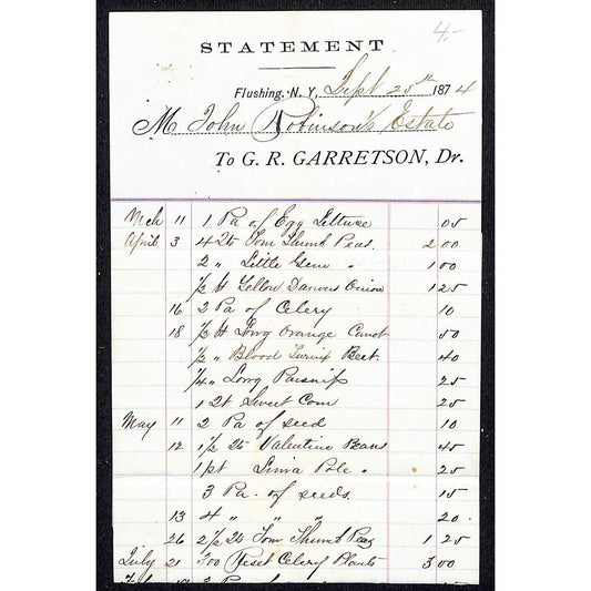 Flushing, NY G.R Garretson Grocer 1874 Billhead Statement w/ Long List of Goods