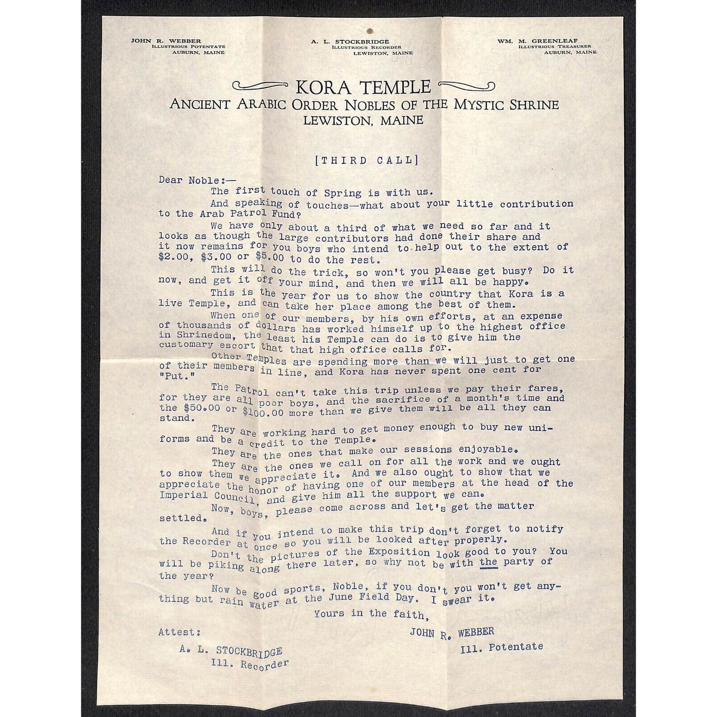 Newburgh, ME Amos W. Knowlton* 1915 "Kora Temple" Third Call Letterhead