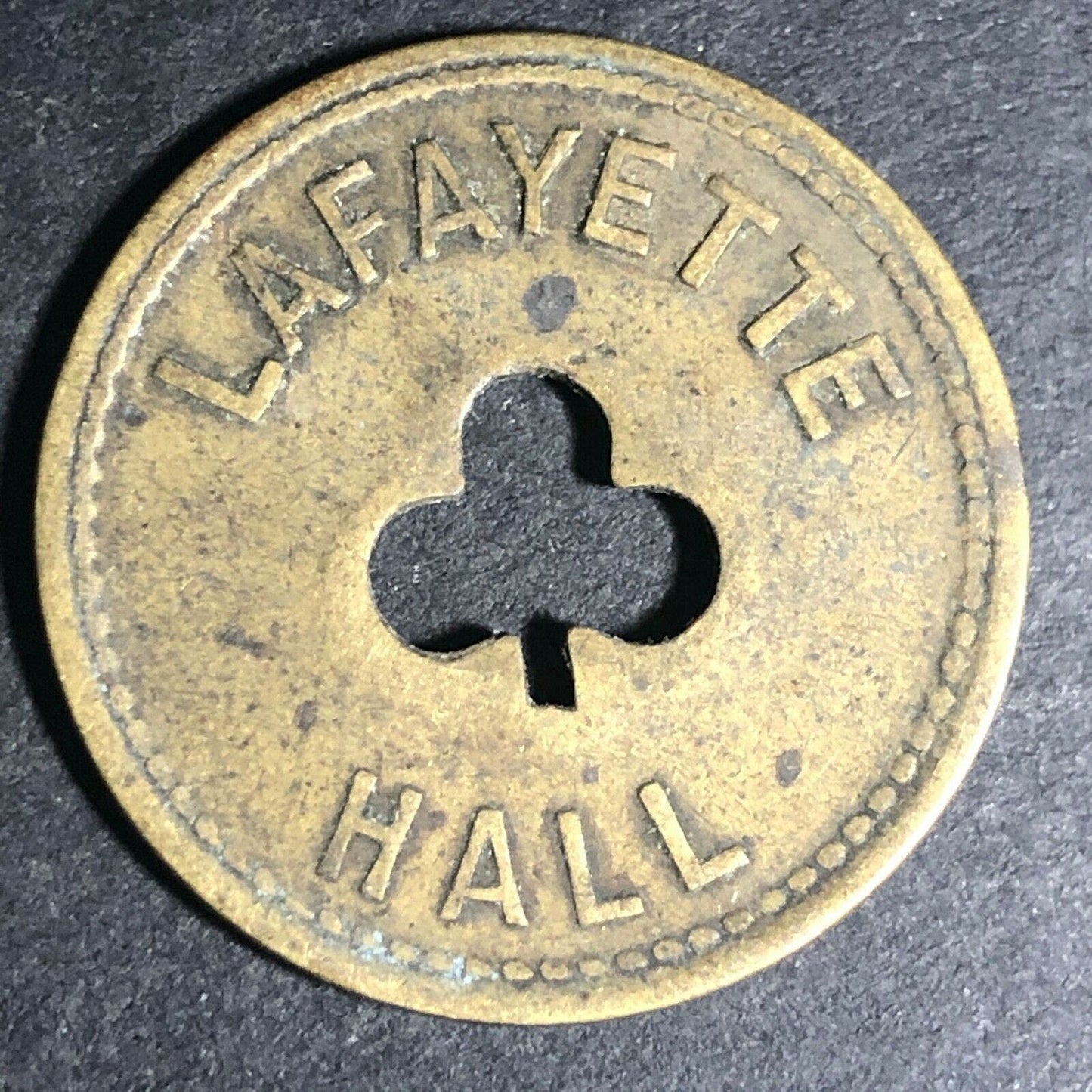 24.5mm Brass Lafayette Hall (Saloon Sacramento, CA) Token Clover Shamrock (#30)