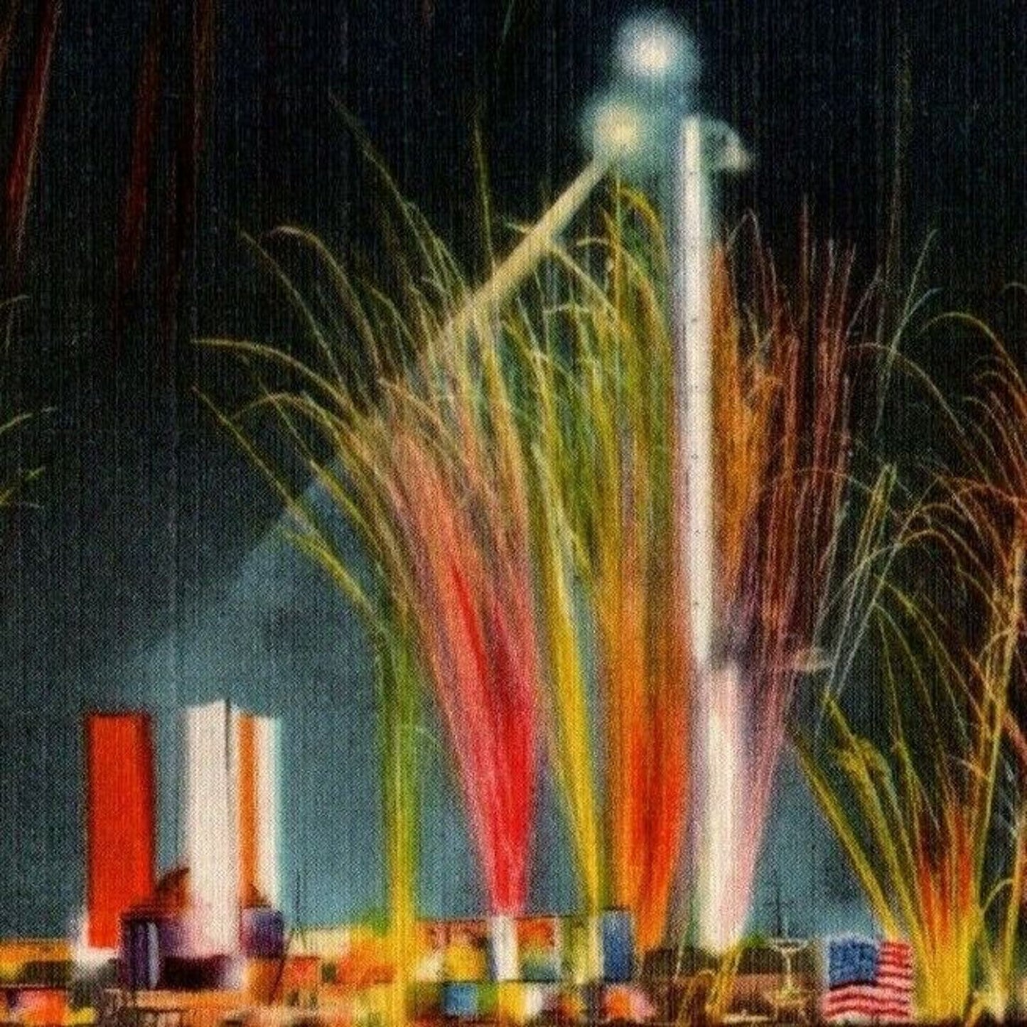 Vintage Linen Postcard 1933 Chicago World's Fair "Fireworks Display Over Lagoon"