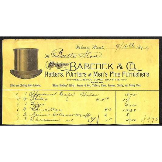 Helena Butte Montana Babcock & Co. Hatters Furriers 1892 Billhead w/ Top Hat